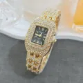 Close-up detail of luxurious square rhinestone women quartz watch, sparkling crystal encrusted dial. - Gold and Black