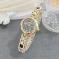Elegant rhinestone women quartz watch detail view, shiny crystal bracelet watch for ladies. - Black