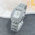 Elegant women's quartz watch featuring a square rhinestone-encrusted dial and silver band. - Silver White