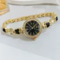 Luxury gold stainless steel quartz women watch with black clover dial and crystal bezel. - Black