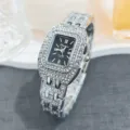 Luxurious rhinestone square women quartz watch with full diamonds and sleek black dial. - Silver Black