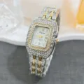 Detailed view of luxury square rhinestone women quartz watch, sparkling full diamond design. - Two-Tone White