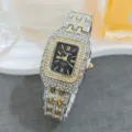 Close-up view of a luxury square rhinestone women quartz watch with black dial and metal strap. - Two-Tone Black