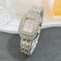Luxury rhinestone square women quartz watch with sparkling diamonds and elegant pink dial. - Two Tone Gold Pink