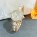 Luxury rhinestone women quartz watch with white link band, elegant gold dress wristwatch. - Gold White