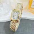 Elegant gold square women quartz watch with vintage roman numerals and metal bracelet link. - Gold White