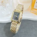 Retro square women quartz watch with black Roman dial and gold metallic bracelet. - Gold Black