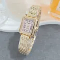 Elegant rectangular gold quartz watch for women with pink dial and Roman numerals detail. - Gold Pink
