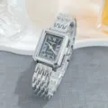 Detailed close-up shot of a silver square quartz watch featuring a black Roman numeral dial. - Silver Black