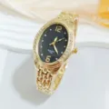 Elegante Damen Quarzarmbanduhr mit ovaler Strasslünette und goldenem Gliederarmband. - Gold Schwarz