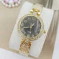 Elegante Damen Quarzarmbanduhr mit Strass Zifferblatt, arabischen Ziffern und goldenem Armband. - Gold Schwarz