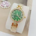 Elegante Damen Quarzuhr grünes Zifferblatt Strass Gold Armbanduhr modisches Accessoire - Gold Grün