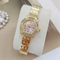 Golden women rhinestone quartz wristwatch with pink dial and stainless steel strap fashion - Pink