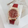 Montre quartz strass mode femme avec bracelet cuir rouge élégant boîtier or rose - Rouge