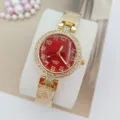 Elegante Damen Quarzuhr mit rotem Zifferblatt, Strass-Lünette und herzigem Armband. - Gold Rot