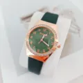 Elegant women quartz watch with green dial rose gold case and sparkling rhinestone bezel chic - Green