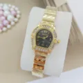 Women Gold Quartz Watch Crystal Bezel Stainless Steel Strap Fashion Chic Wristwatch - Black