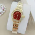 Montre quartz femme ton or cadran rouge lunette cristaux bracelet metal vue detail - Rouge