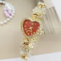 Gold Herz Strass Damen Quarzuhr Mode Blumen Armband Armbanduhr im Detail Design - Gold Rot