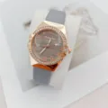 Elegant women quartz watch with grey strap rose gold rhinestone bezel and textured dial. - Gray