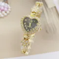 Damen Herzförmige Strass Quarz Uhr Gold Armband Mode Armbanduhr Detail Ansicht - Gold Schwarz