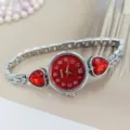 Women quartz watch with red heart crystal charm, silver stainless steel strap analog dial. - Silver Red