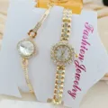 Goldene Strass Damen Quarz Uhr und Armband Set, elegante Mode Schmuck Accessoires. - Metallband Ausgewählter Stil (Artikel 2025208)