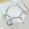 Zilverkleurige bedelarmbandhorloge met kristallen zwaan hart sleutel kwarts dames sieraden. - Stijl 02 Zilver