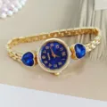 Fashion luxury women quartz watch with blue heart crystal stones and elegant gold metal chain band. - Gold Blue