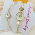 Damen Mode Strass Quarz Uhr Armband Set elegante goldene Schmuck Geschenke Zubehoer. - Herz Arabische Ziffern Stil (Artikel 2025208)