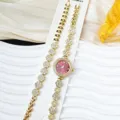 Luxury Gold Rhinestone Women Quartz Watch and Bracelet Set Elegant Fashion Gift Wristwatch - Watch and Bracelet Set / Gold Red