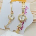 Luxus Damen Quarz Uhr und Armband Set in Gold mit Strasssteinen und Kleeblatt. - Klee Stil (Artikel 2025208)