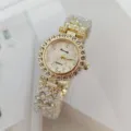 Women's gold quartz watch, rhinestone bezel detail, elegant daily wear wristwatch accessory. - Gold Pink