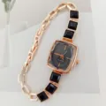 Elegante dames quartz horloge met vierkante zwarte wijzerplaat en unieke ketting armband. - Zwart
