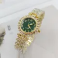 Luxury women rhinestone quartz watch with green dial and sparkling crystal bracelet design. - Gold Green
