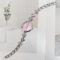 Damen Quarzuhr silbernes Metallarmband rosa Zifferblatt Strass Blumen Mode Armbanduhr - Silber Violett