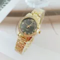 Women gold quartz watch with rhinestones, stainless steel strap and elegant dial for daily wear. - Gold Black