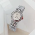 Luxury silver rhinestone quartz women's watch with shimmering crystal bezel and clear dial. - Silver Pink