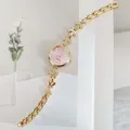 Elegante Damen Quarzuhr mit rosafarbenem Zifferblatt und Strass Weizenblatt Armband. - Gold Rosa