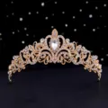 Exquisite gold rhinestone tiara, detailed view of sparkling crystal elements and alloy patterns. - HG-001 Gold