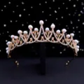 Bridal Pearl Crown Tiara Wedding Hair Accessory Gold Rhinestone Princess Headpiece - HG-003 Gold