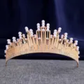 Gold pearl tiara detail view, exquisite rhinestones and elegant crown design for bridal wear. - HG-004 Gold-Tone