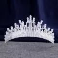 Silver pearl rhinestone crown hair accessory detail shot for wedding party dress up. - HG-004 Silver-Tone