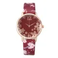 Close-up detail of the floral quartz watch dial, burgundy leather strap, elegant rose gold. - Cherry Blossom Print (Wine Red Dial) / Red