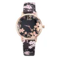 Women floral quartz watch with black leather strap and rose gold case for daily fashion wear. - Cherry Blossom Print (Black Dial) / Black