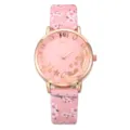 Chic pink floral leather strap quartz watch with rose gold round case for women daily wear. - Pink