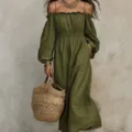 Green off-shoulder long sleeve maxi dress, resort style loose pleated dress for women - S / Dresses / Army Green