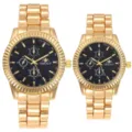 Luxus goldene edelstahl paar quarzuhr mit schwarzem zifferblatt und chronographen. - Herren / Goldfarbe Schwarz