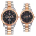 Edelstahl Paare Quarz Uhren Set Luxus Zweifarbig Herren Damen Freizeit Armbanduhr - Bicolor Roségold mit schwarzem Zifferblatt