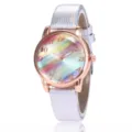 Fashion quartz women's watch with colorful rainbow dial and white textured leather strap. - Silver